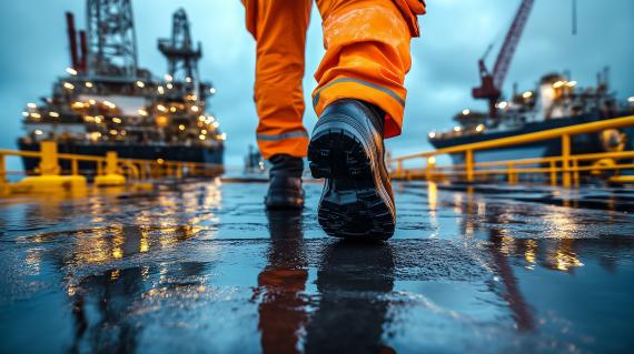 Nahaufnahme eines Arbeiters auf einer Offshore-Ölplattform, der zu einer Öl- und Gasanlage geht, um dort zu arbeiten.