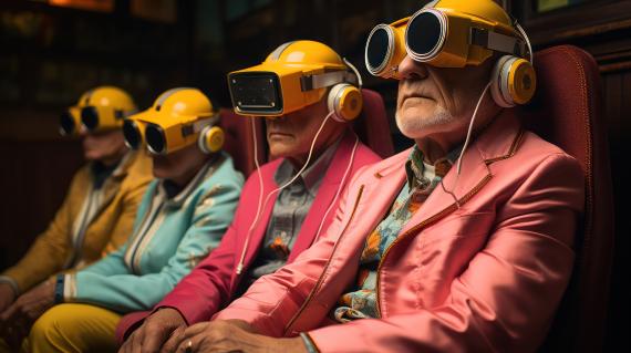 Future retirement home - three elderly men with VR headsets