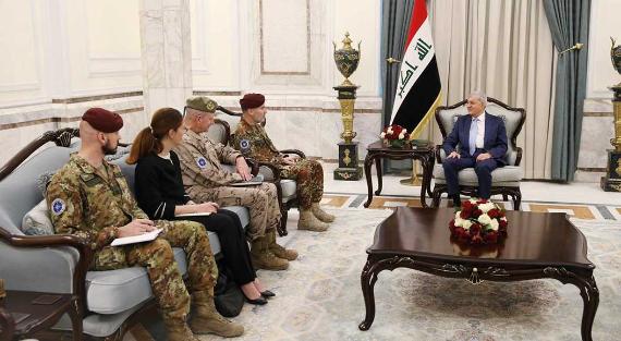 Iraqi President Abd al-Latif Jamal Rashid receives the commander of the NATO mission in Iraq, Giovanni Iannucci, at the Baghdad Palace on May 21, 2023.