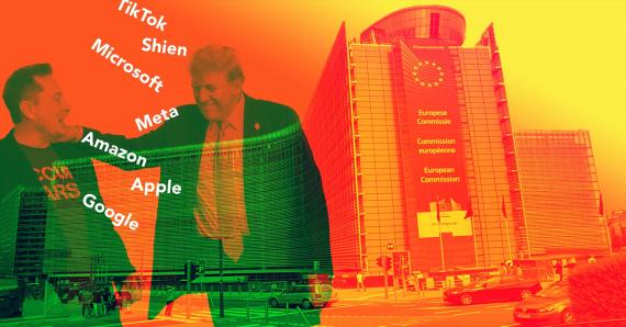 Fotomontage von Elon Musk und Donald Trump vor dem Gebäude der Europäische Kommission