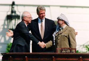 Yitzhak Rabin, Bill Clinton, and Yasser Arafat at the White House 1993
