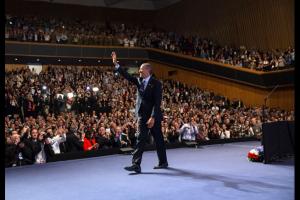 President Barack Obama waves to the audience after delivering remarks at the Jerusalem Convention Center in Jerusalem, March 21, 2013. (Official White House Photo by Pete Souza)