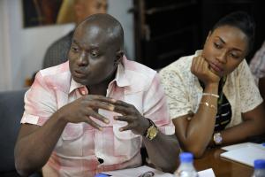 Journalist Lewis Asubioto during a roundtable-discussion on "Democracy needs Democrats" on 17 March,2015 at the office of Konrad-Adenauer-Stiftung in Abuja, Nigeria.