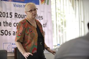 Head of Konrad-Adenauer-Stiftung in Nigeria Mrs. Hildegard Behrendt-Kigozi during her opening speech at a roundtable-discussion on "Democracy needs Democrats" on 17 March, 2015 held at the office of Konrad-Adenauer-Stiftung in Abuja, Nigeria.