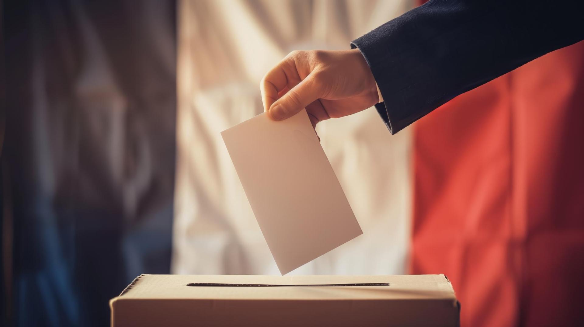 Person beim Einlegen eines Stimmzettels in die Wahlurne am Wahltag in Frankreich